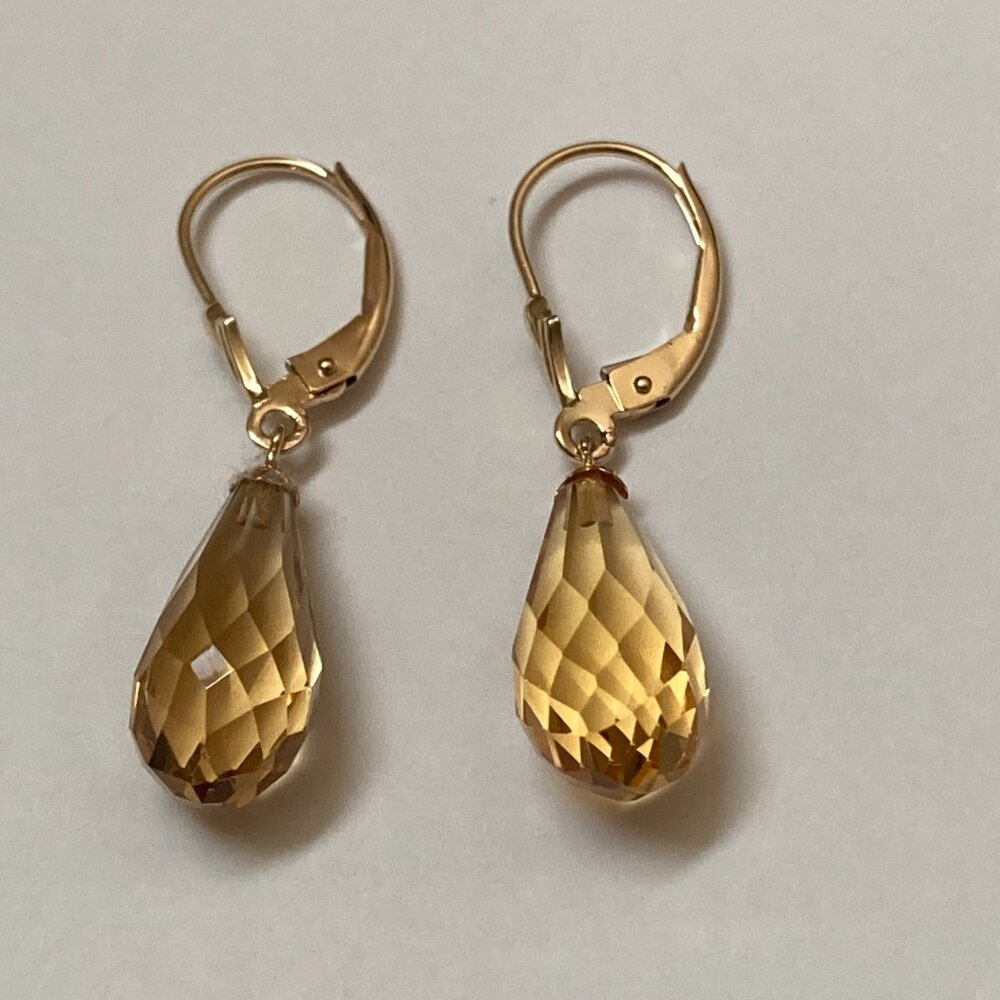 14K Yellow Gold Citrine Earrings Briolette Cut Lever Back - Picture 5 of 5